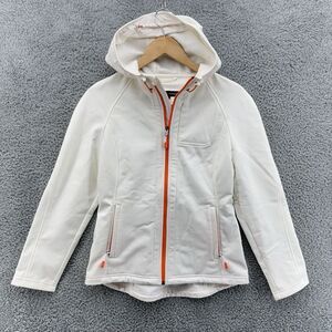 Black Rivet White Zip Up Soft Shell Hooded Activewear Jacket Womans Sz S Orange
